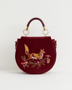 Embroidered Bags-Fable England Fox & Mushroom Embroidered Saddle Bag - Redcurrant Velvet