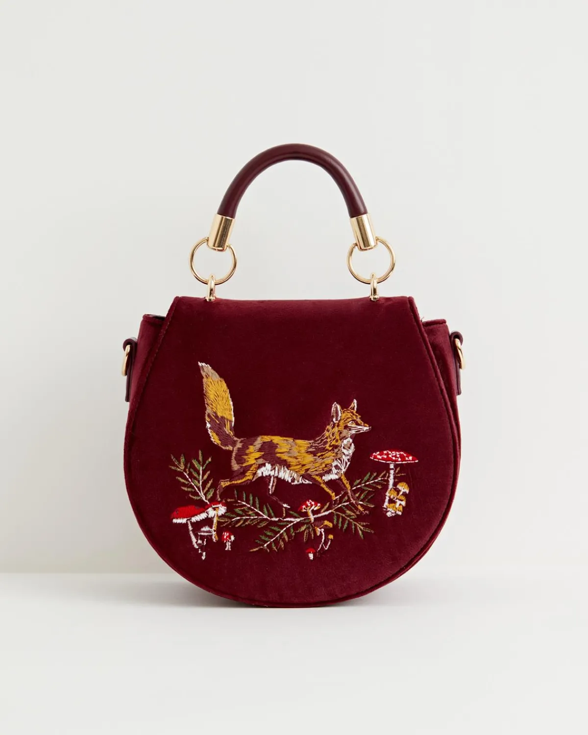 Embroidered Bags-Fable England Fox & Mushroom Embroidered Saddle Bag - Redcurrant Velvet