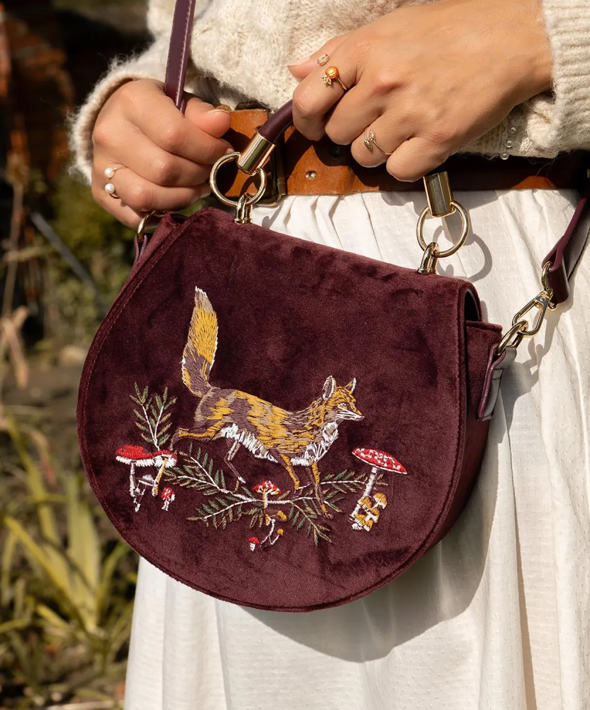 Embroidered Bags-Fable England Fox & Mushroom Embroidered Saddle Bag - Redcurrant Velvet
