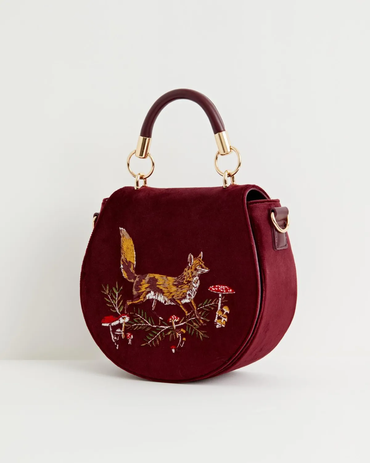 Embroidered Bags-Fable England Fox & Mushroom Embroidered Saddle Bag - Redcurrant Velvet