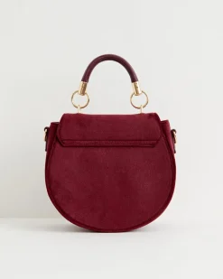 Embroidered Bags-Fable England Fox & Mushroom Embroidered Saddle Bag - Redcurrant Velvet