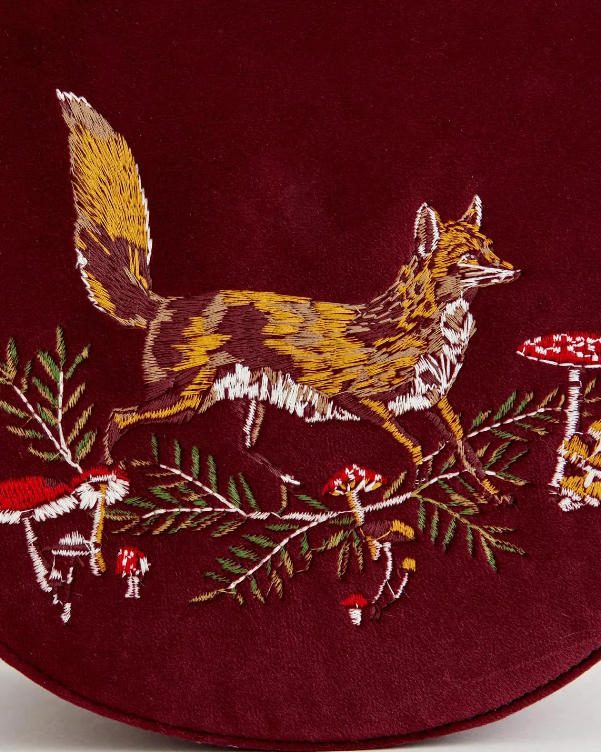 Embroidered Bags-Fable England Fox & Mushroom Embroidered Saddle Bag - Redcurrant Velvet
