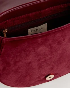 Embroidered Bags-Fable England Fox & Mushroom Embroidered Saddle Bag - Redcurrant Velvet