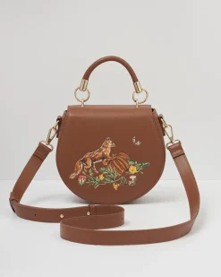 Cross Body Bags|Embroidered Bags-Fable England Fox & Pumpkin Tan Embroidered Saddle Purse