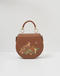 Cross Body Bags|Embroidered Bags-Fable England Fox & Pumpkin Tan Embroidered Saddle Purse