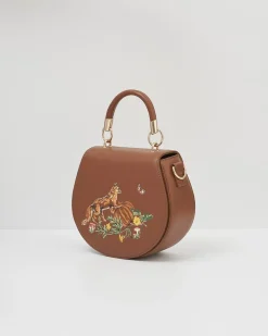 Cross Body Bags|Embroidered Bags-Fable England Fox & Pumpkin Tan Embroidered Saddle Purse