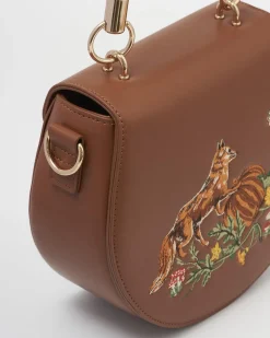 Cross Body Bags|Embroidered Bags-Fable England Fox & Pumpkin Tan Embroidered Saddle Purse