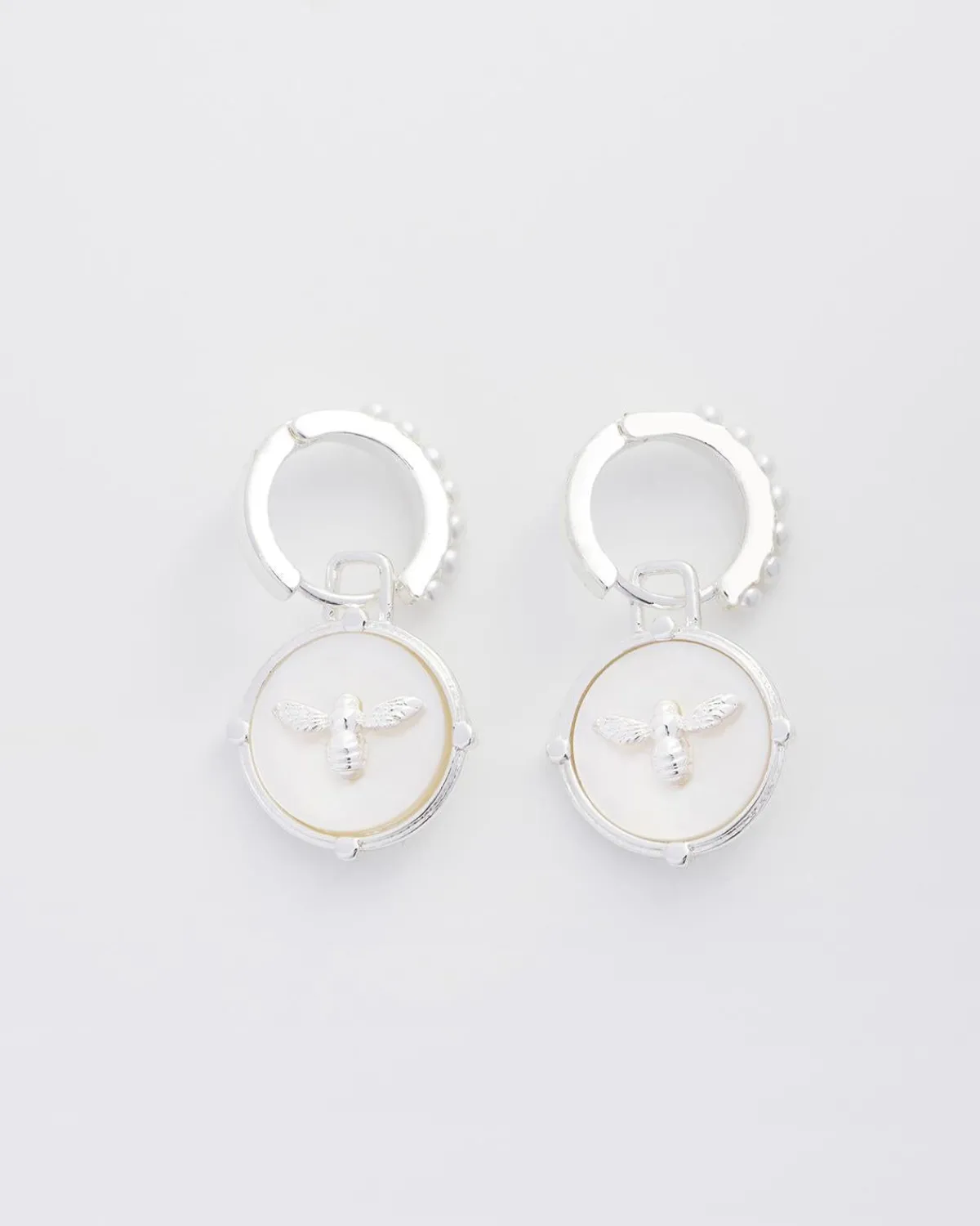 Silver Jewelry|Earrings-Fable England Honey Bee & Pearl Huggie Earrings Silver
