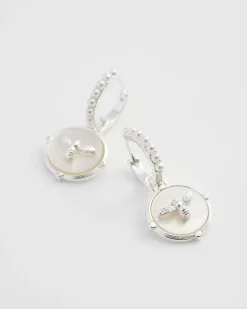 Silver Jewelry|Earrings-Fable England Honey Bee & Pearl Huggie Earrings Silver