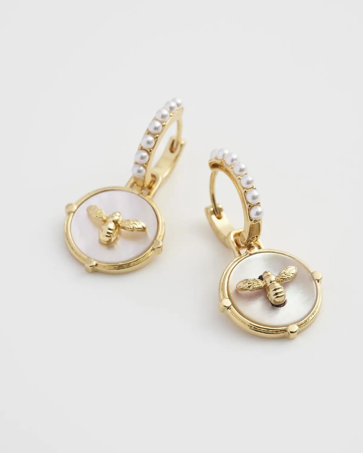Earrings-Fable England Honey Bee & Pearl Huggie Earrings