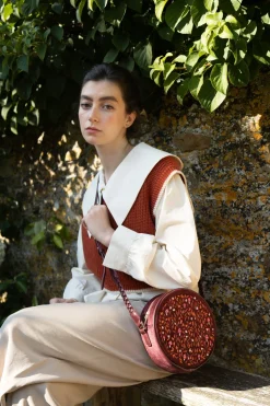 Cross Body Bags|Embroidered Bags-Fable England Magical Mushroom Burgundy Circle Purse