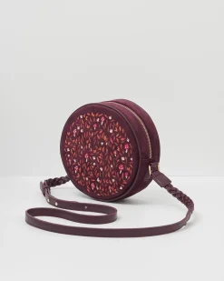 Cross Body Bags|Embroidered Bags-Fable England Magical Mushroom Burgundy Circle Purse