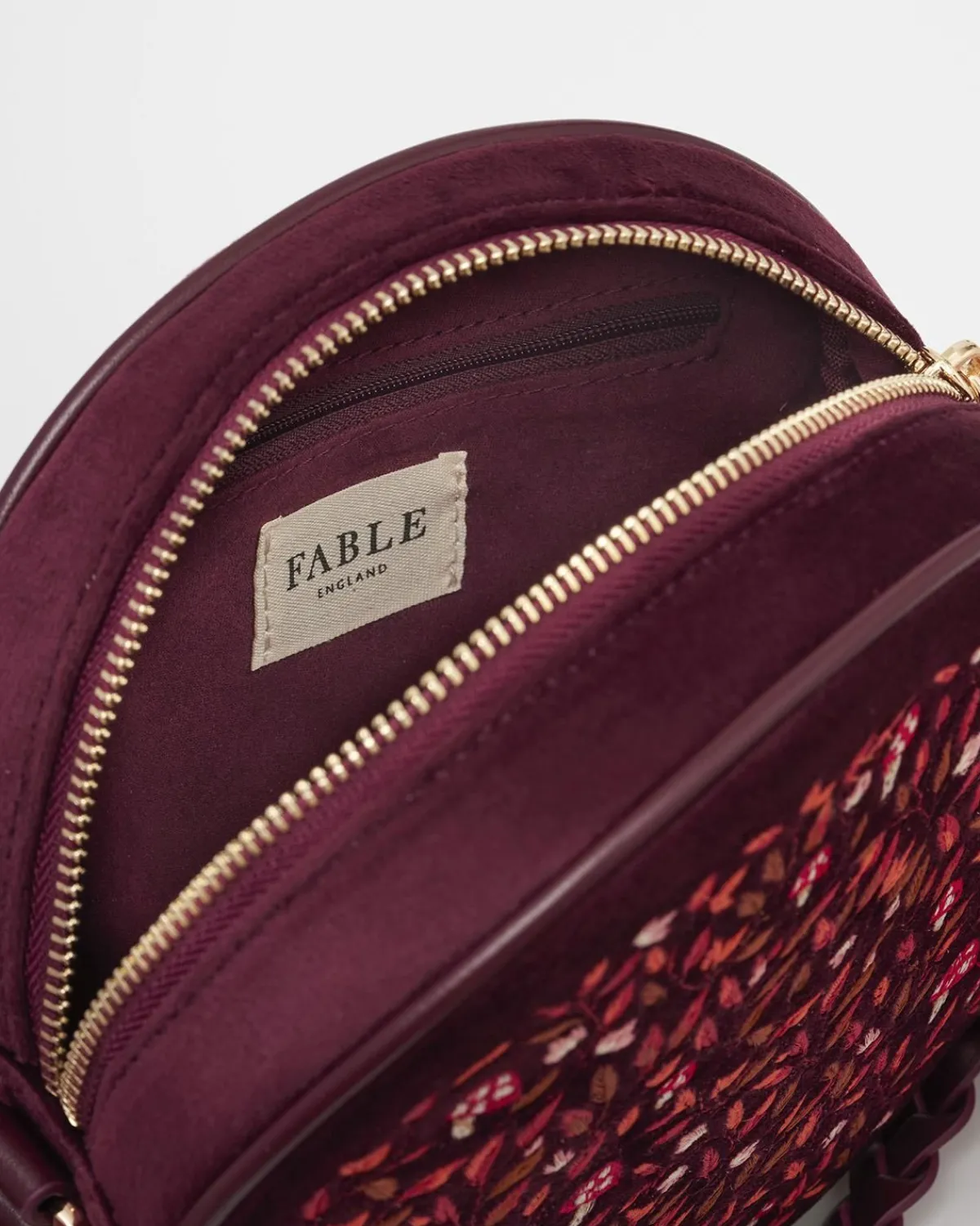Cross Body Bags|Embroidered Bags-Fable England Magical Mushroom Burgundy Circle Purse