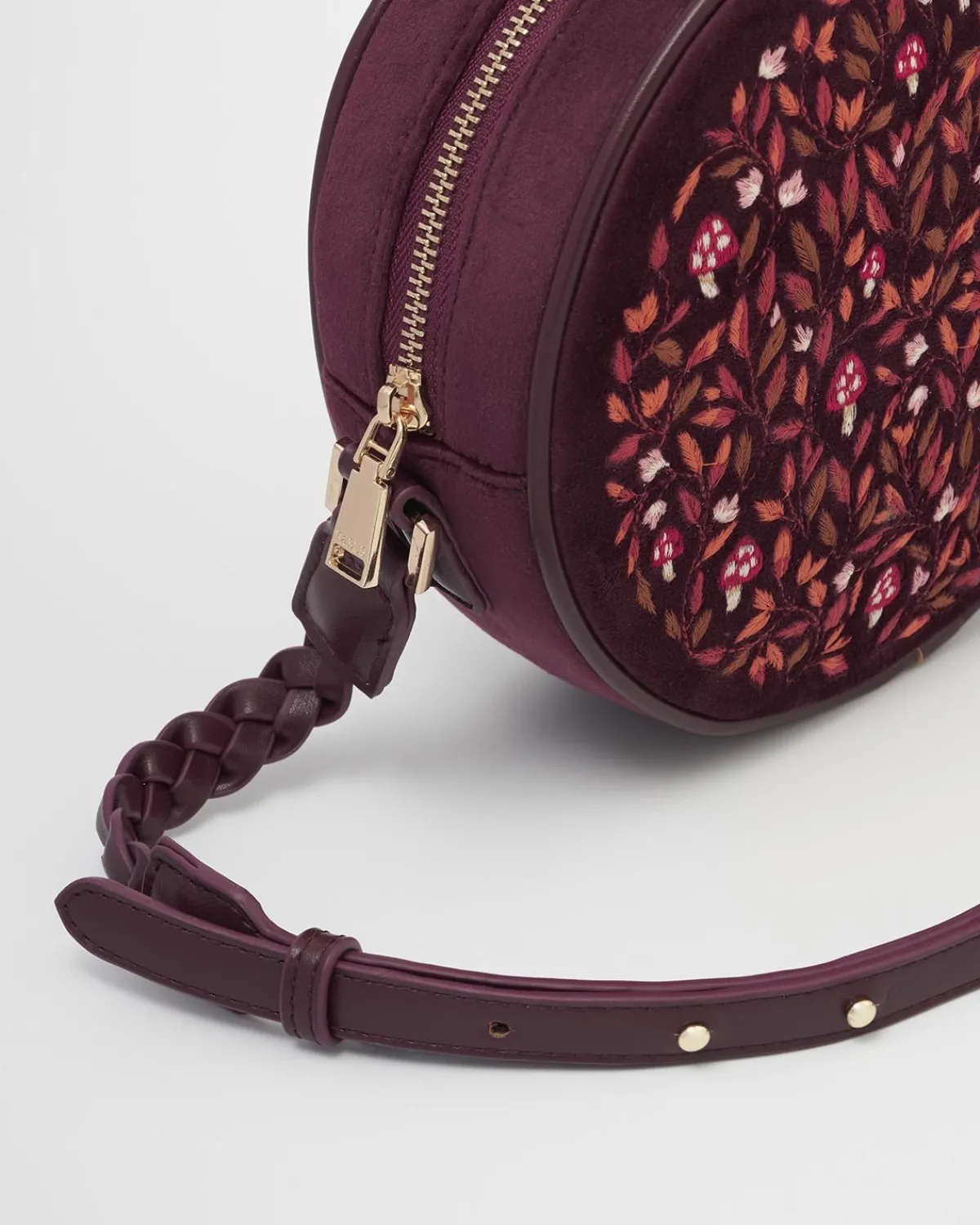 Cross Body Bags|Embroidered Bags-Fable England Magical Mushroom Burgundy Circle Purse