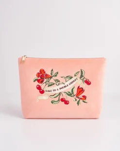 Toiletry Bags|Makeup Bags-Fable England Midsummer Dream Cherry Embroidered Peach Velvet Pouch