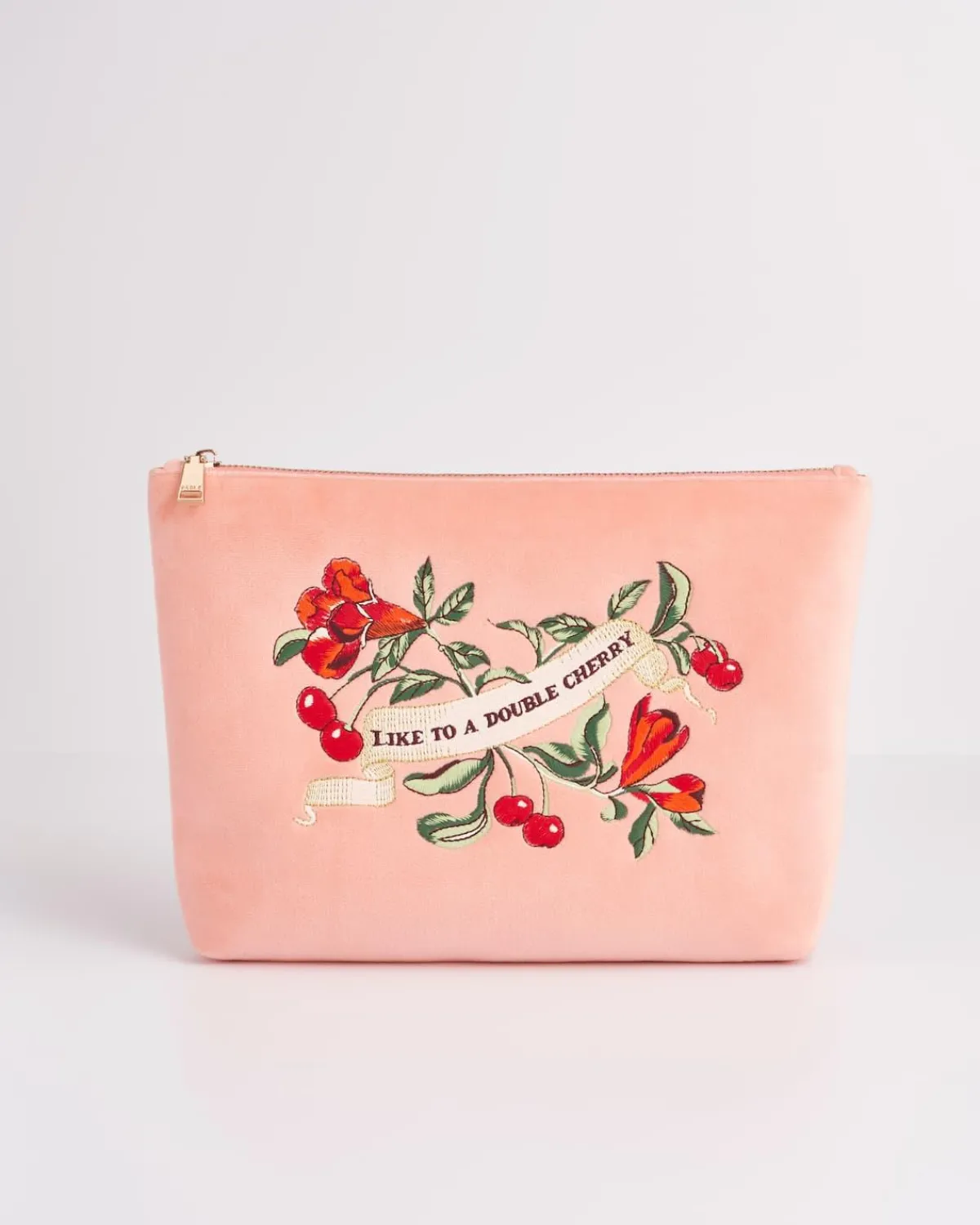 Toiletry Bags|Makeup Bags-Fable England Midsummer Dream Cherry Embroidered Peach Velvet Pouch
