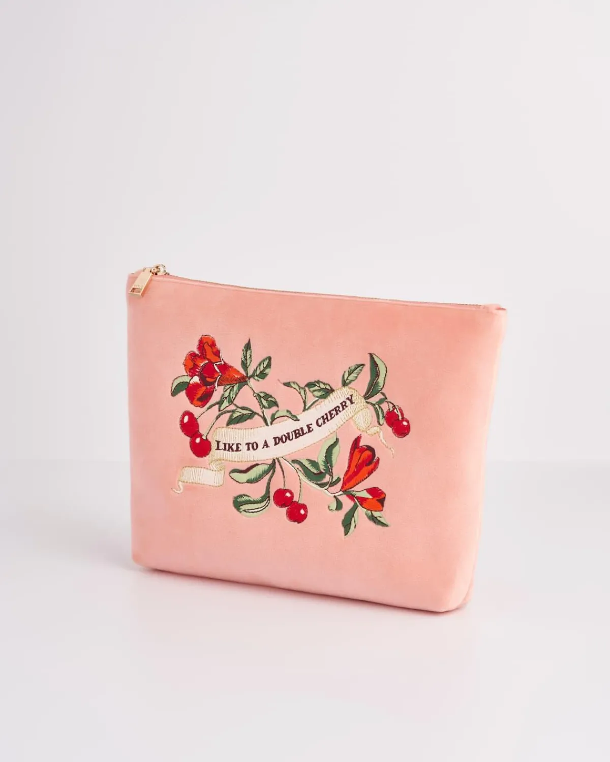 Toiletry Bags|Makeup Bags-Fable England Midsummer Dream Cherry Embroidered Peach Velvet Pouch