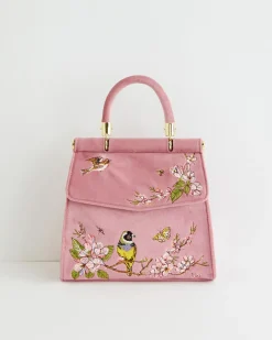 Clutch & Evening Bags|Tote Bags-Fable England Morning Song Bird Embroidered Mini Pink Tote