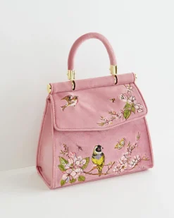 Clutch & Evening Bags|Tote Bags-Fable England Morning Song Bird Embroidered Mini Pink Tote