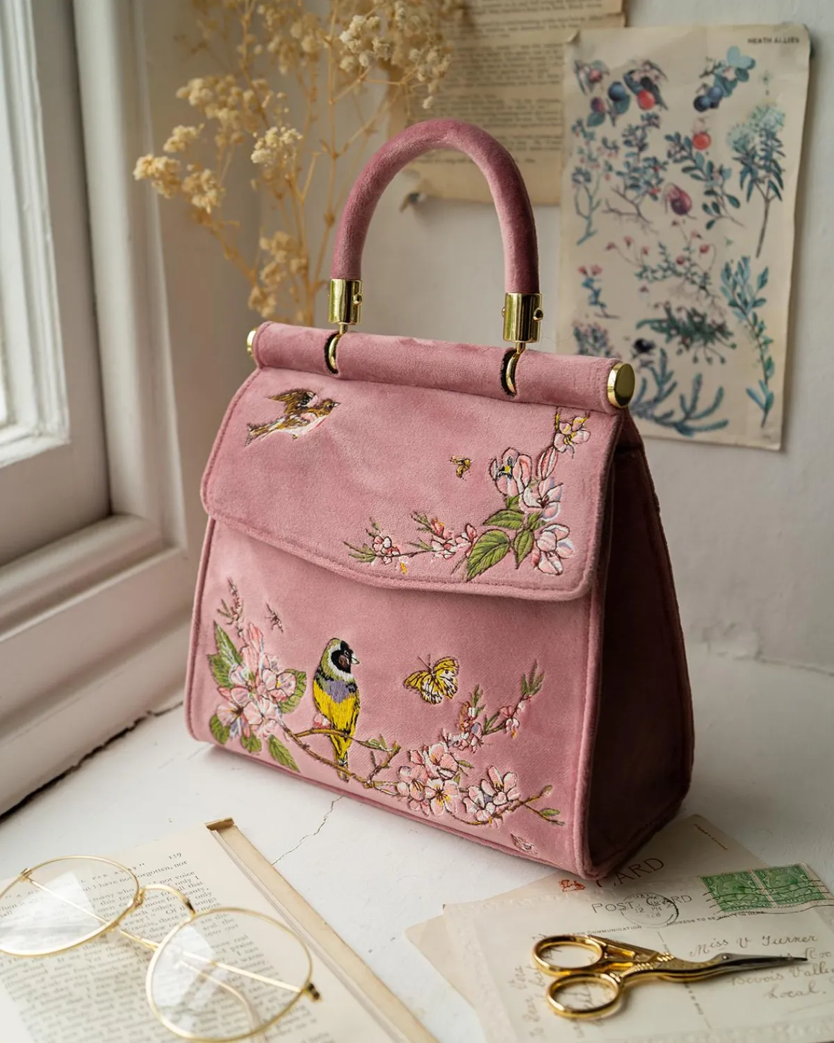 Clutch & Evening Bags|Tote Bags-Fable England Morning Song Bird Embroidered Mini Pink Tote