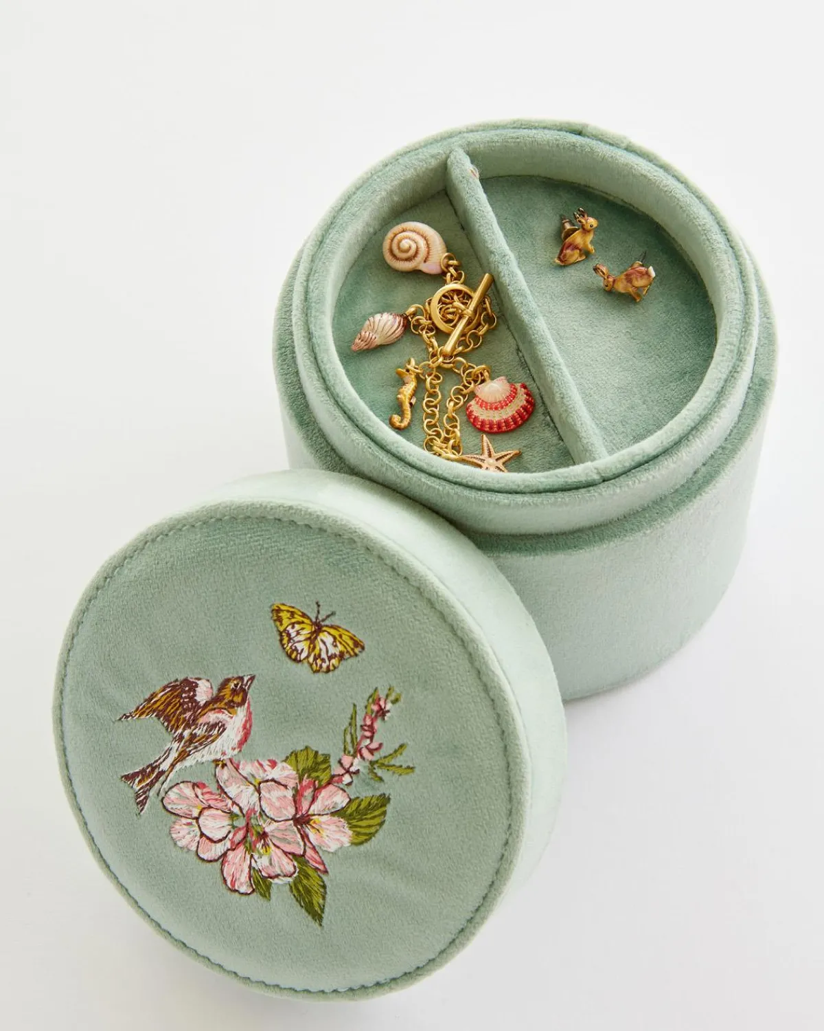 Jewelry Boxes-Fable England Morning Song Bird Embroidered Round Jewellery Box
