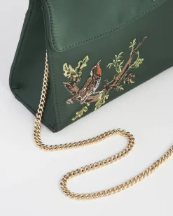 Clutch & Evening Bags|Cross Body Bags-Fable England Robin & Mistletoe Green Embroidered Satin Tote