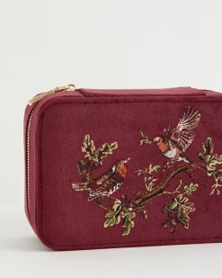 Jewelry Boxes-Fable England Robin Love Embroidered Large Jewellery Box Redcurrant Velvet