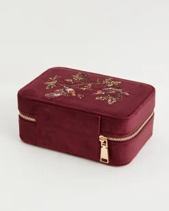Jewelry Boxes-Fable England Robin Love Embroidered Large Jewellery Box Redcurrant Velvet