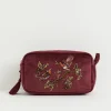 Makeup Bags-Fable England Robin Love Embroidered Pouch Redcurrant Velvet