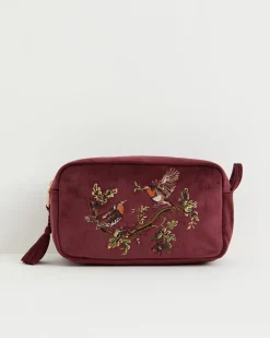Makeup Bags-Fable England Robin Love Embroidered Pouch Redcurrant Velvet