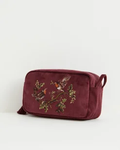 Makeup Bags-Fable England Robin Love Embroidered Pouch Redcurrant Velvet