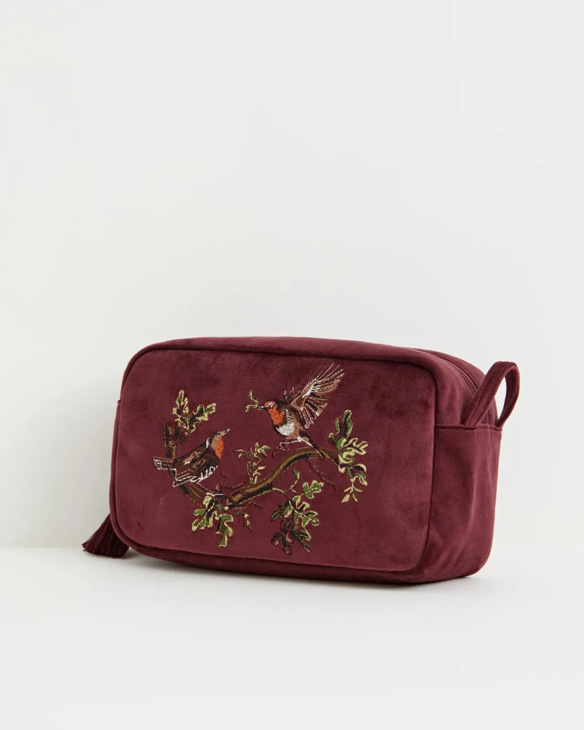 Makeup Bags-Fable England Robin Love Embroidered Pouch Redcurrant Velvet
