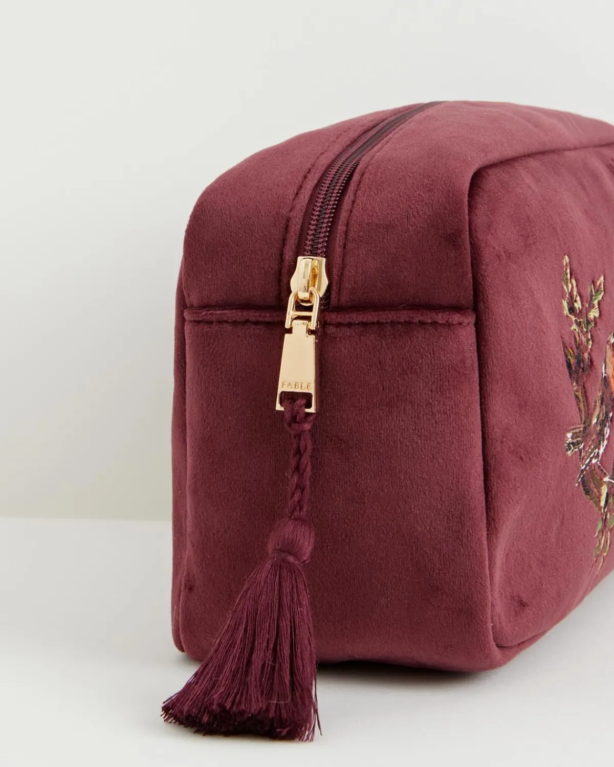 Makeup Bags-Fable England Robin Love Embroidered Pouch Redcurrant Velvet