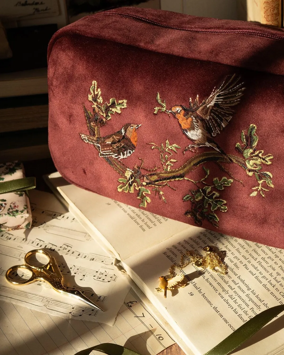 Makeup Bags-Fable England Robin Love Embroidered Pouch Redcurrant Velvet