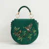 Cross Body Bags|Embroidered Bags-Fable England Robin Love Velvet Embroidered Saddle Bag - Fern Green