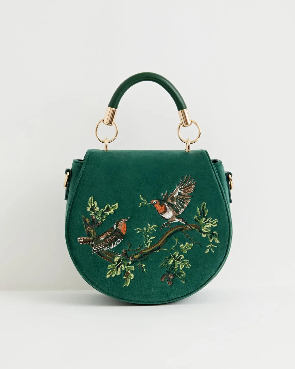 Cross Body Bags|Embroidered Bags-Fable England Robin Love Velvet Embroidered Saddle Bag - Fern Green