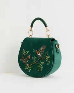 Cross Body Bags|Embroidered Bags-Fable England Robin Love Velvet Embroidered Saddle Bag - Fern Green