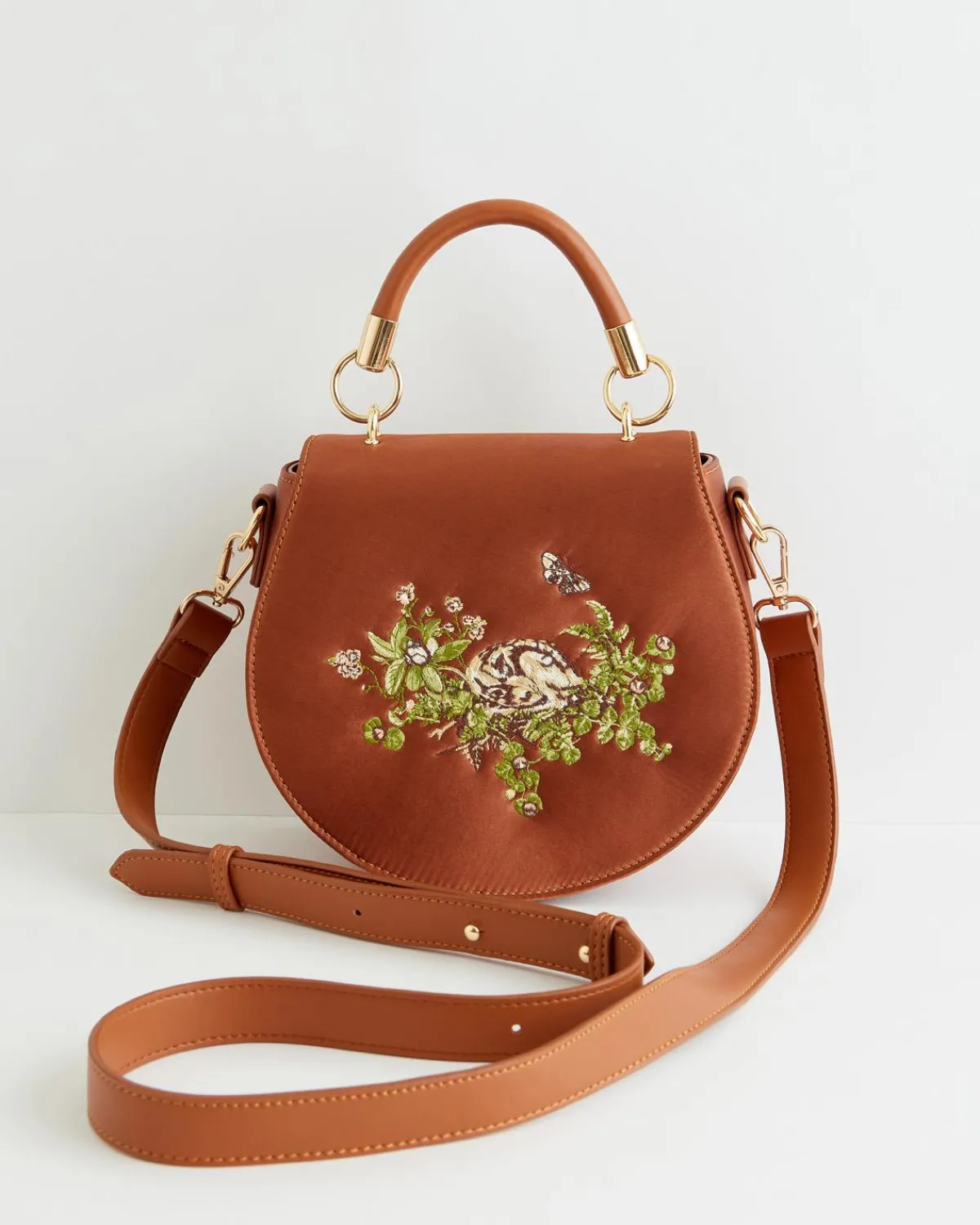 Embroidered Bags-Fable England Sleepy Fawn Embroidered Satin Saddle Bag