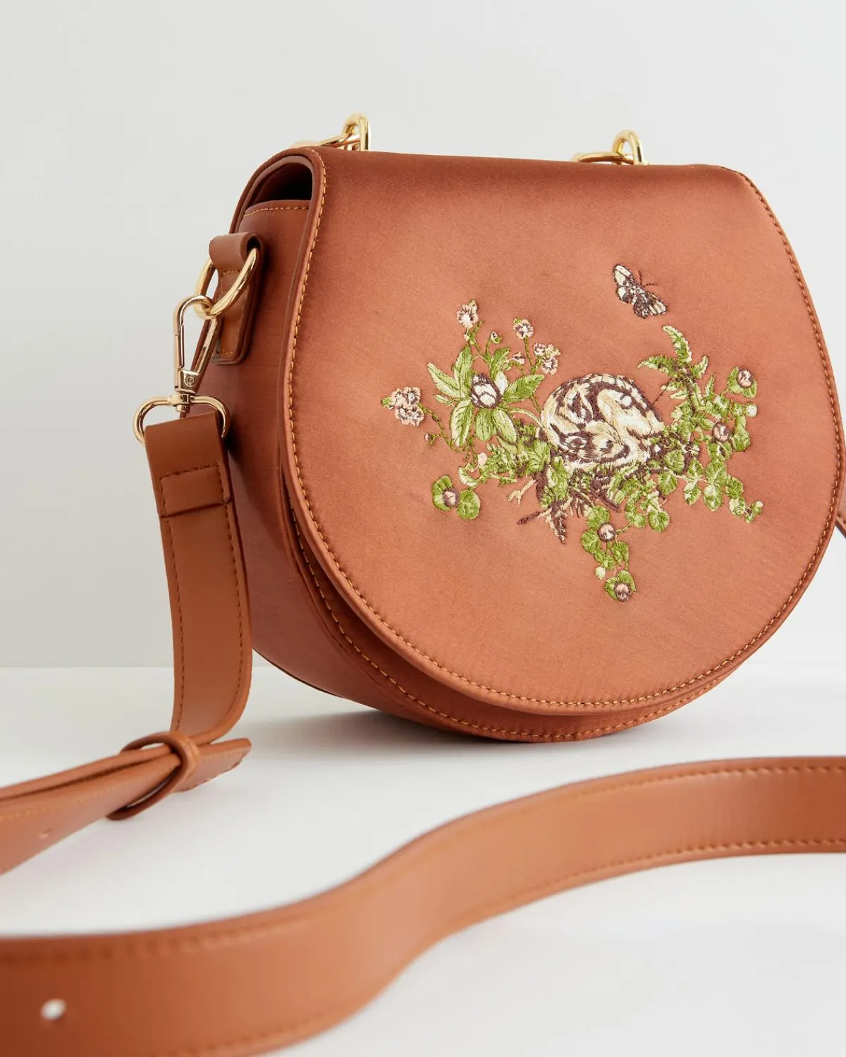 Embroidered Bags-Fable England Sleepy Fawn Embroidered Satin Saddle Bag