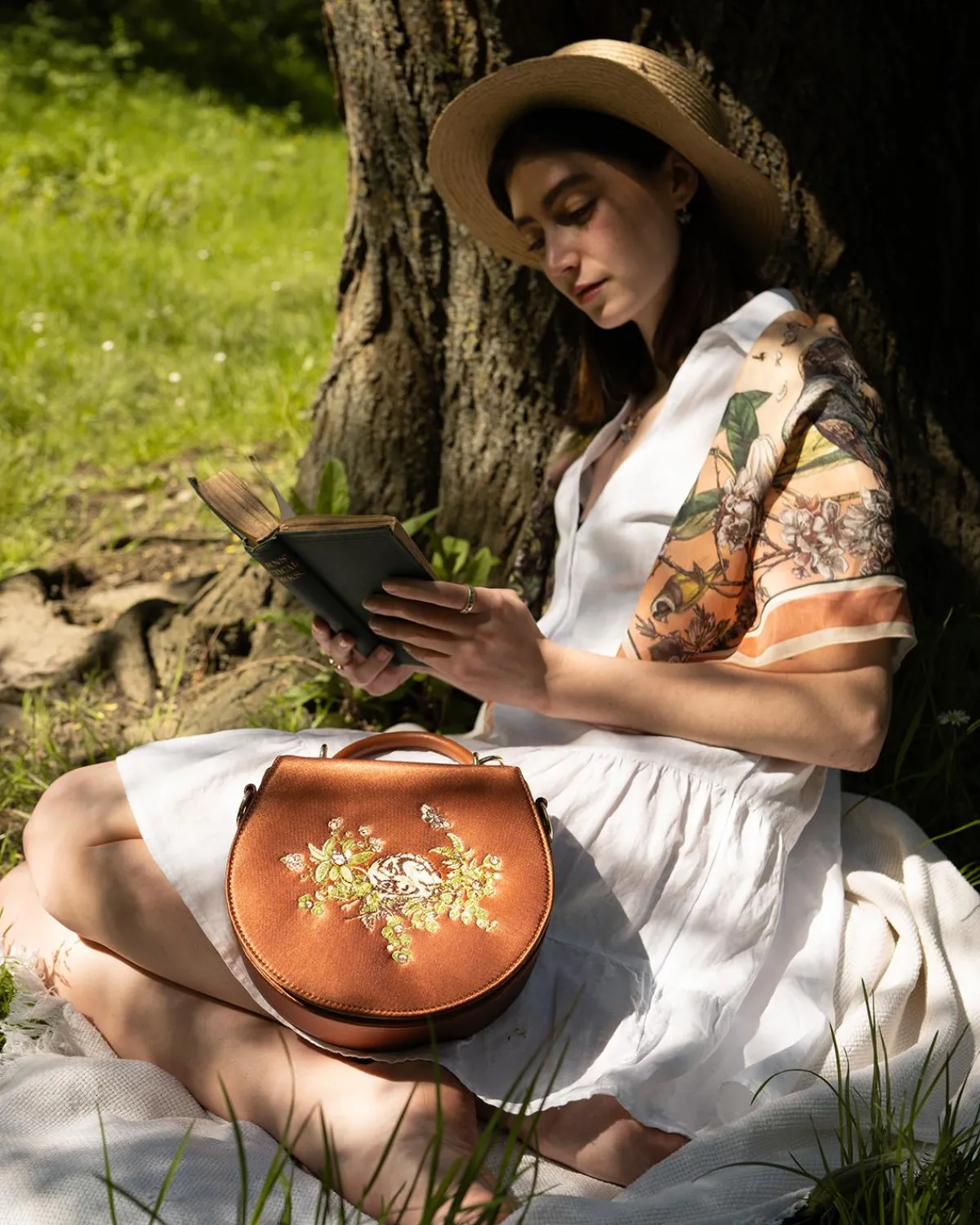 Embroidered Bags-Fable England Sleepy Fawn Embroidered Satin Saddle Bag