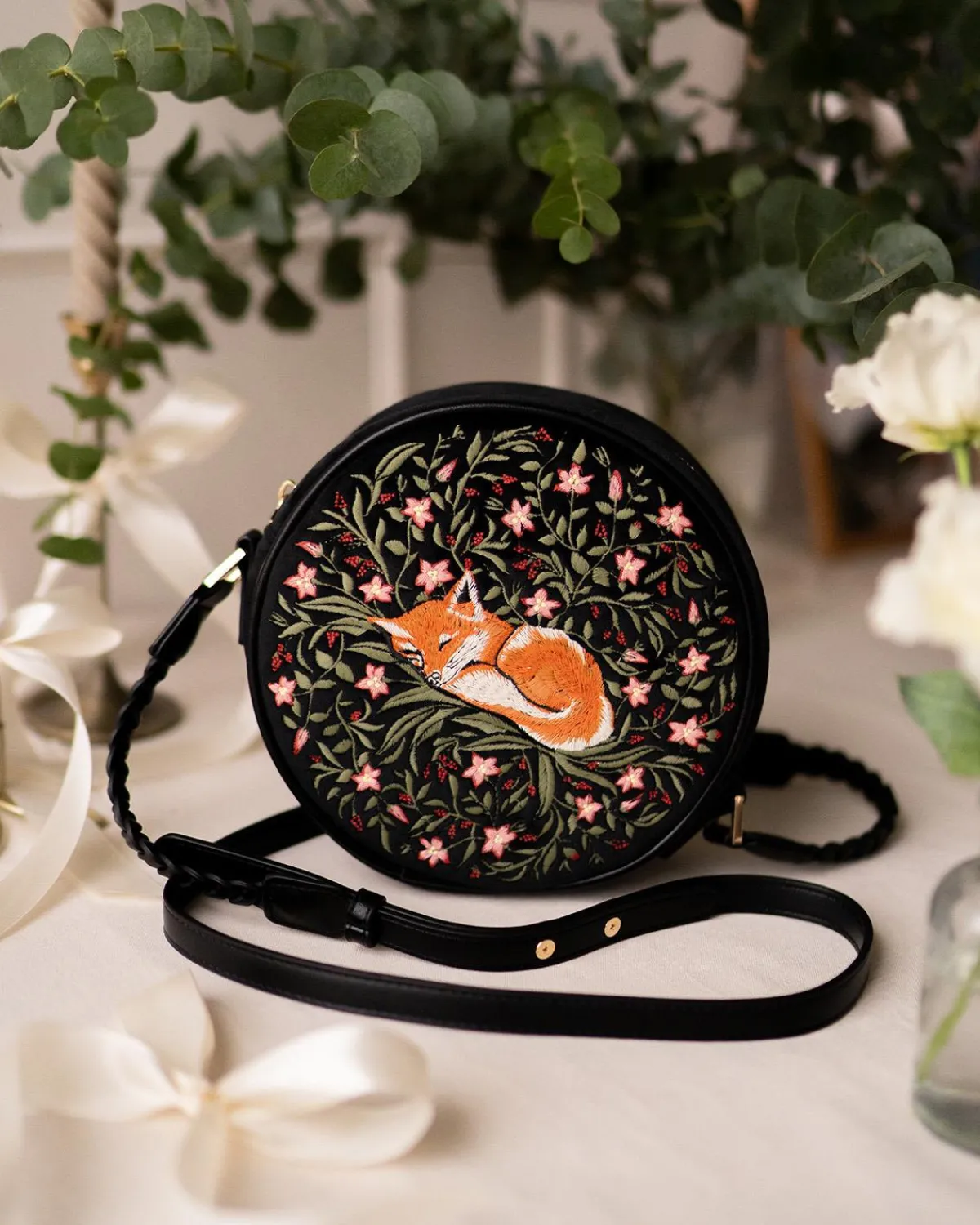 Embroidered Bags|Cross Body Bags-Fable England Sleepy Fox Circle Purse