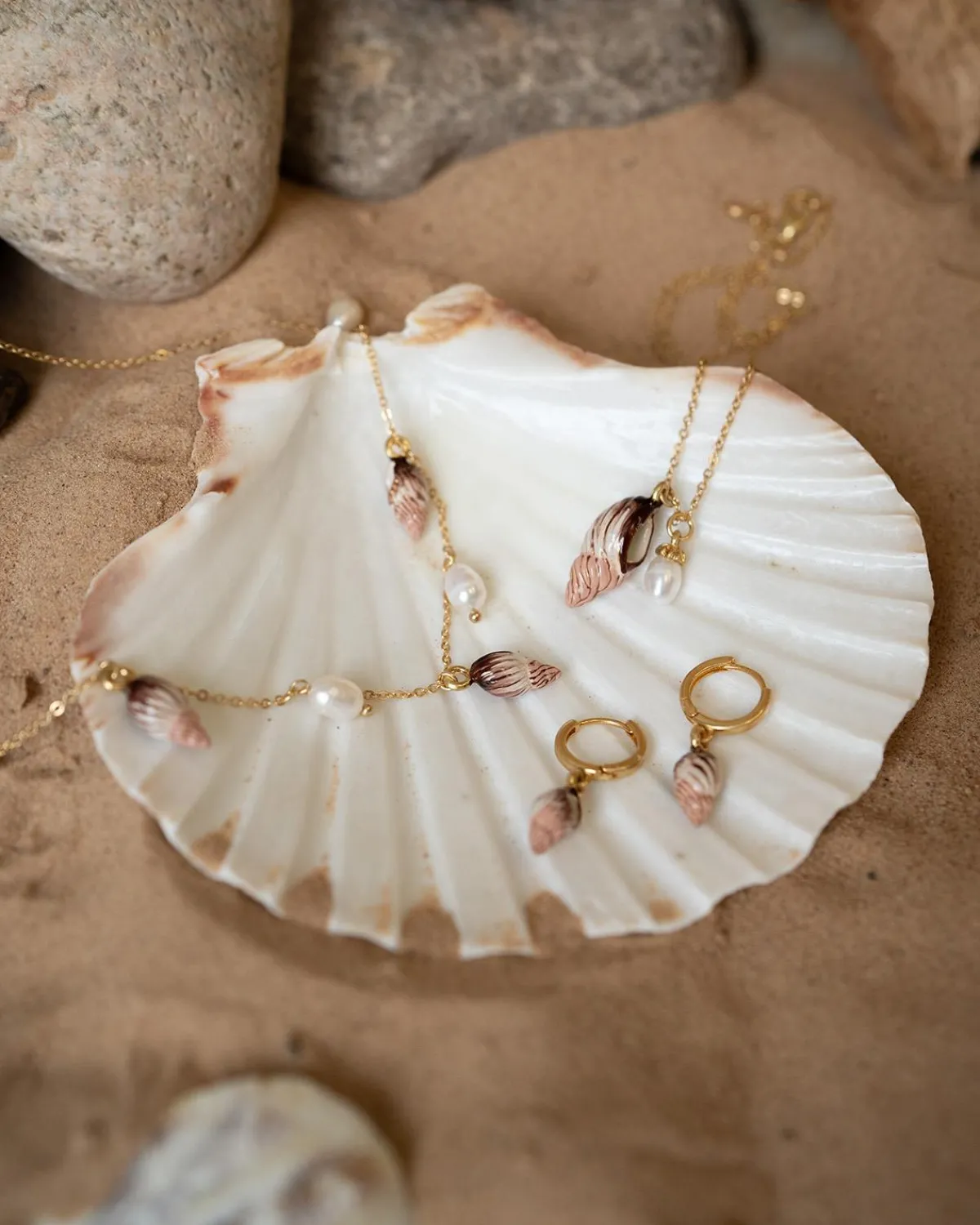 Necklaces-Fable England Spiral Shell Charm & Pearl Necklace