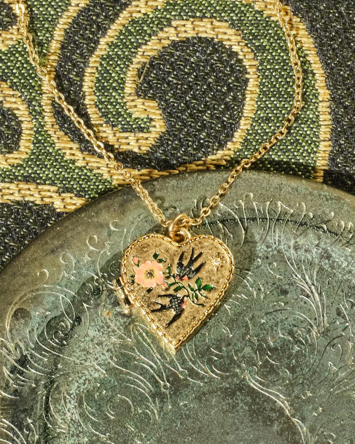 Lockets|Necklaces-Fable England Swallow Heart Locket Chain Necklace