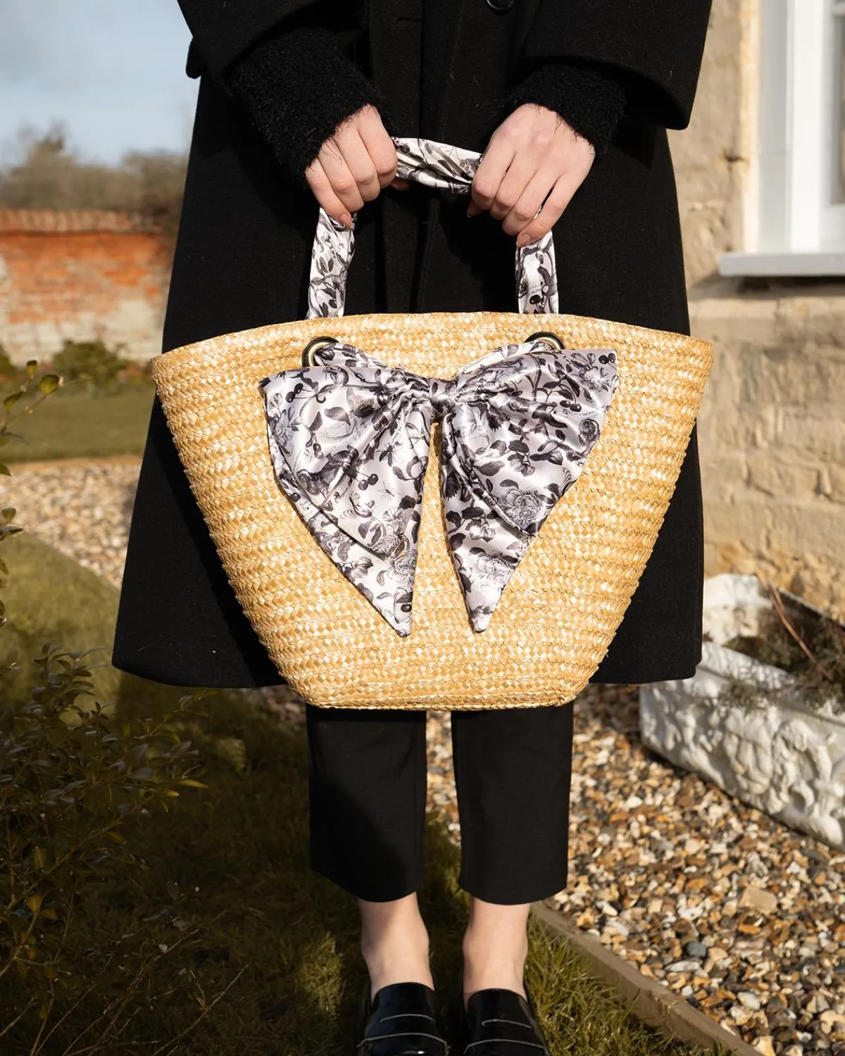 Tote Bags-Fable England Tree Of Life Monochrome Raffia Basket Bag