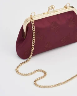 Clutch & Evening Bags|Cross Body Bags-Fable England Victoriana Burgundy Embroidered Satin Clutch