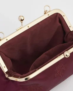Clutch & Evening Bags|Cross Body Bags-Fable England Victoriana Burgundy Embroidered Satin Clutch
