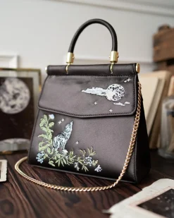 Bracelets & Bangles|Clutch & Evening Bags-Fable England Wolf & Moon Charcoal Embroidered Satin Tote