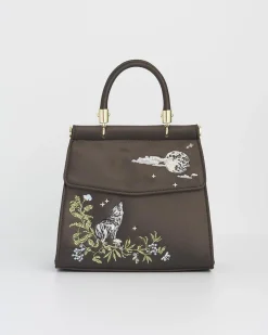 Bracelets & Bangles|Clutch & Evening Bags-Fable England Wolf & Moon Charcoal Embroidered Satin Tote
