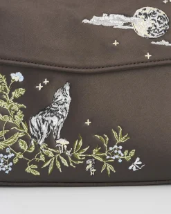 Bracelets & Bangles|Clutch & Evening Bags-Fable England Wolf & Moon Charcoal Embroidered Satin Tote