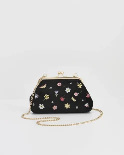 Clutch & Evening Bags|Cross Body Bags-Fable England Wolf Garden Ditsy Embroidered Black Velvet Clutch
